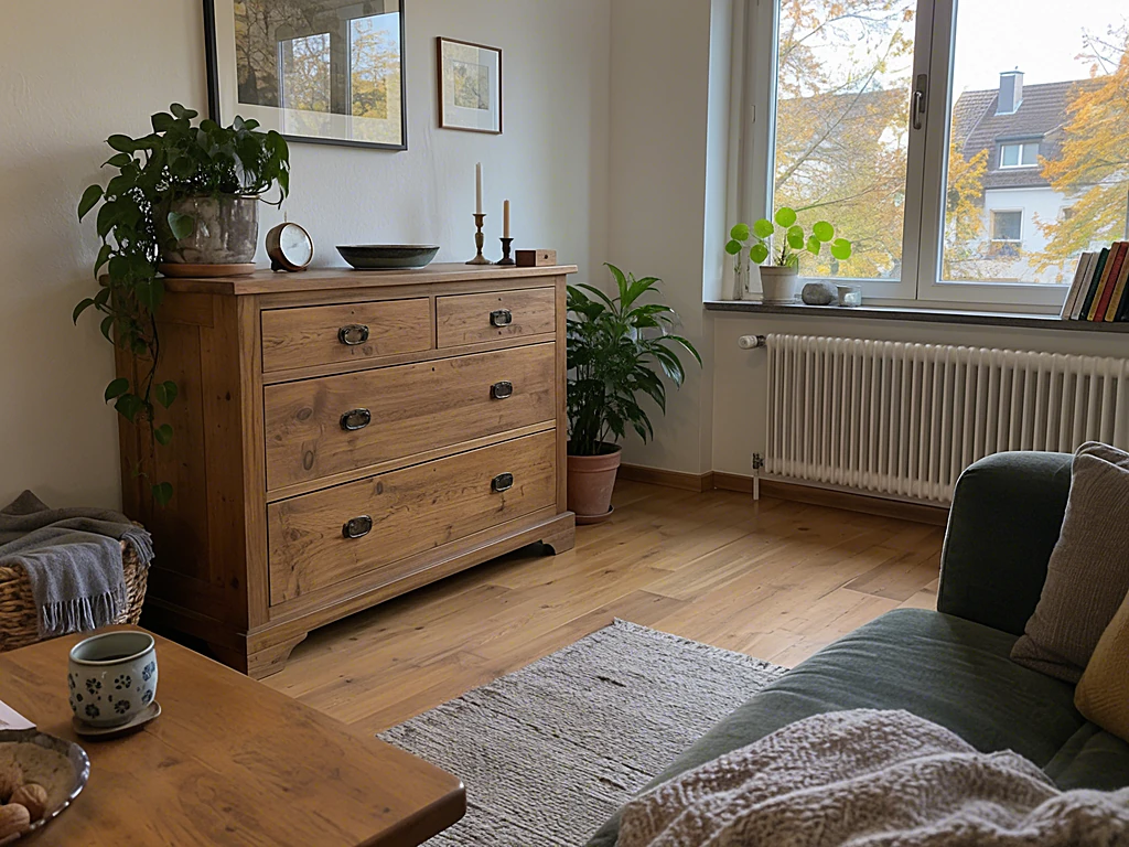 Kommode aus Massivholz mit Abstand zum Heizkörper in einem herbstlichen Wohnzimmer